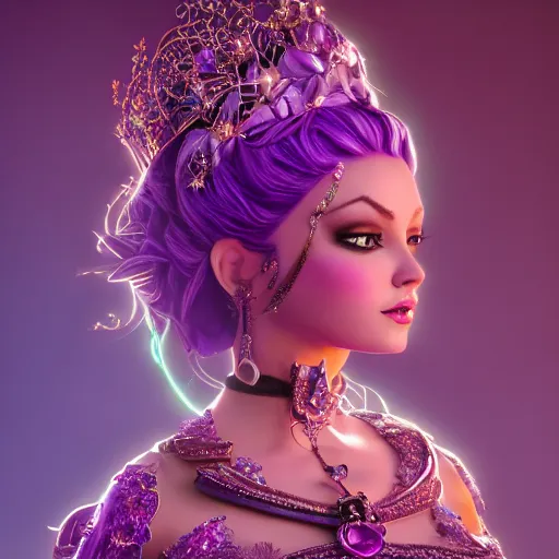 Image similar to portrait princess of amethyst, glowing, ornate and intricate purple jewelry, jaw dropping beauty, glowing background lighting, purple accent lighting, hyper detailed, fairy tale, 4 k octane render