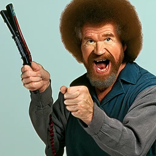 Image similar to bob ross screaming at ninjas