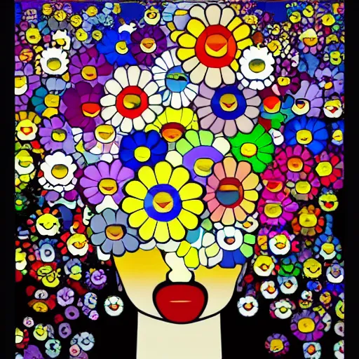 Image similar to silhouette of head exploding into flowers, bright colors, Takashi Murakami, Minimalist,