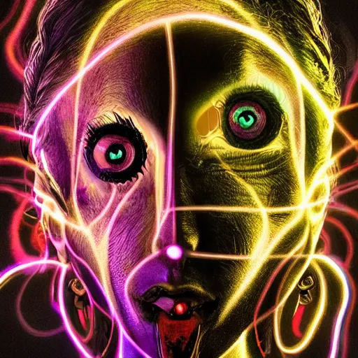 Image similar to three three eyed humanoids, third eye middle of forehead, wide wide shot, hairy bodies, vivid colors, thin wires, beautiful lighting