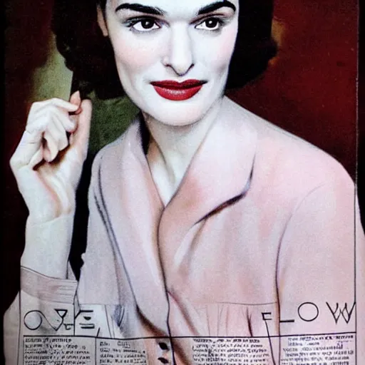 Prompt: “Rachel Weisz portrait, color vintage magazine illustration 1950”