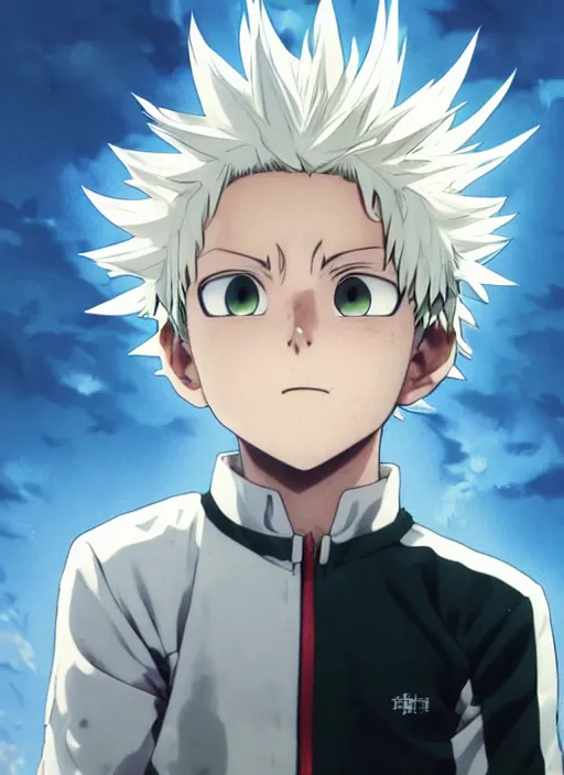 Prompt: highly detailed portrait of a young aggresive boy with spikey white hair in my hero academia stephen bliss 8 k ferdinand knab makoto shinkai and lois van baarle anime key visual big eyes by akira toriyama fantasy art by greg rutkowski shonen art style by kohei horikoshi official media in one punch man in hunter x hunter