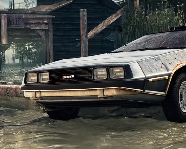 Image similar to delorean rusting and destroyed under water, cinematic, photoreal, by red dead redemption 2