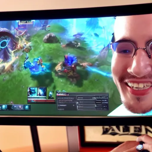 Prompt: disabled man playing league of legends with facecam