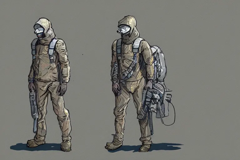 Image similar to hazmat suit soldier, concept art, illustration, art by Moebius