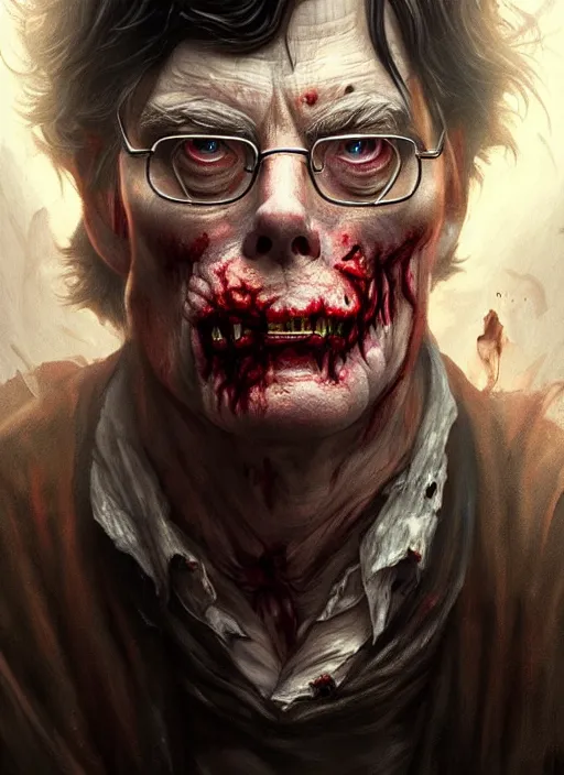 Image similar to stephen king as a zombie, deep focus, d & d, fantasy, intricate, elegant, highly detailed, digital painting, artstation, concept art, matte, sharp focus, illustration, hearthstone, art by artgerm and greg rutkowski and alphonse mucha