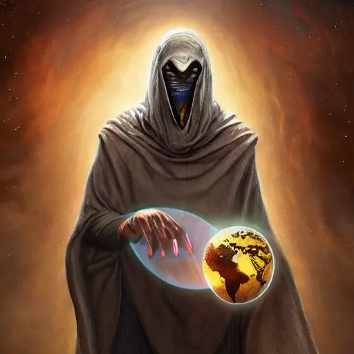 Image similar to masked nomad male wearing a cloak on an alien world and holding a holographic planet projection in his hand, detailed, sci - fi, digital painting, artstation, sharp focus, illustration, ominous, artgerm, tomasz alen kopera, peter mohrbacher, donato giancola, joseph christian leyendecker, wlop, frank frazetta