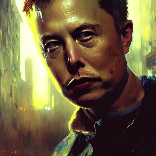 Image similar to elon musk, hyperrealistic portrait, bladerunner street, art of elysium by jeremy mann and alphonse mucha, fantasy art, photo realistic, dynamic lighting, artstation, poster, volumetric lighting, very detailed face, 4 k, award winning