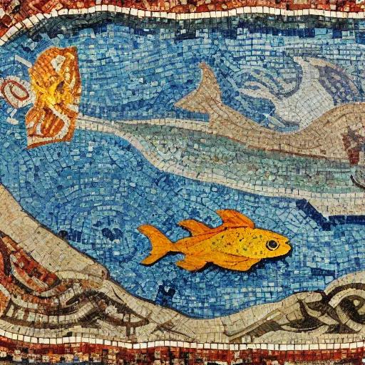 Prompt: roman mosaic of sea with fish and mermaid on a cave wall