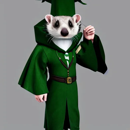 Image similar to a anthropomorphic ferret is dressed as a hogwarts student in slytherin robes, hyperdetailed, artstation, cgsociety, 8 k