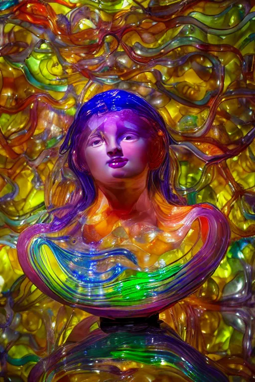 Prompt: beautiful colorful female glass sculpture, smooth, delicate facial features, beautiful glass work, bright internal glow, by dale chihuly and daniel arsham and alphonse mucha, hdri, studio lighting