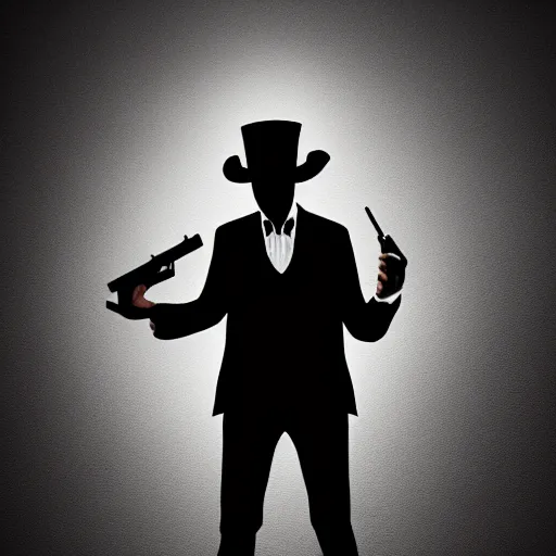 Image similar to mysterious man in black suit and black hat, he has a pistol, smoke, fog, mysterious, 4 k, highly detailed, digital art, strong shadows, high contrast, epic scene, atmospheric, blue colours, old photograph