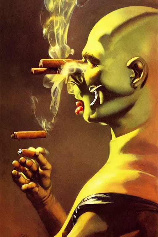 Prompt: An android smoking a cigar, by Frank Frazetta, Trending on Artstation, highly detailed,