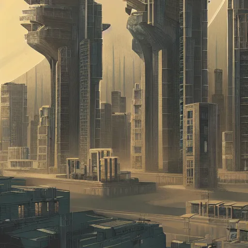 Image similar to beautiful digital illustration of a dystopian, futuristic city with brutalist architecture