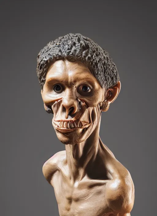 Prompt: a bust sculpture of anatomical detailed neandertal, green blod, become feline, ceramic base, front view, studio lighting
