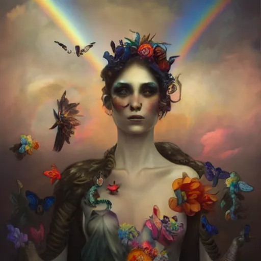 Prompt: Inspired Tom Bagshaw, ultra realist soft paint of a curiosity carnival with mushrooms and butterflies, full long dress, focus, very intricate details, ominous sky, rainbow lighting, volumetric clouds, god rays