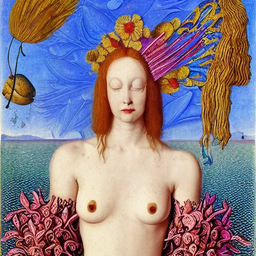 Prompt: a tattood alien girl with fish scales and feathers swimming with flowers by jan van eyck, ernst fuchs, nicholas kalmakoff, joep hommerson, character, full body, catsuit