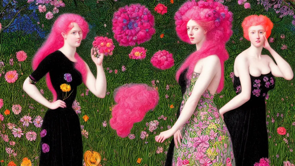Image similar to photo-realistic portrait of two young women with neon pink hair, wearing a black dress by Vivienne Westwood, standing in a garden full of psychedelic flowers, intricate details, in the style of John William Godward, black background