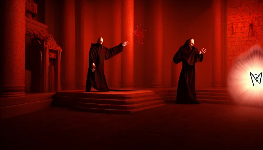 Image similar to an evil priest performs demonic ritual with magic and a glowing sigil in a fantastic temple, volumetric lighting, magical lighting, raytracing, dynamic lights and shadows, photorealistic render, digital art, wallpaper