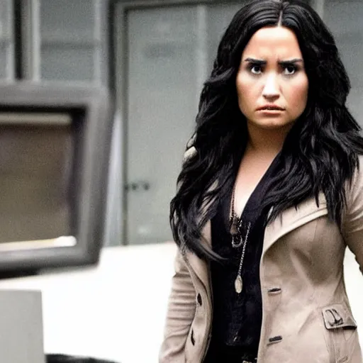 Image similar to close-up of Demi Lovato as a detective in a movie directed by Christopher Nolan, movie still frame, promotional image, imax 70 mm footage