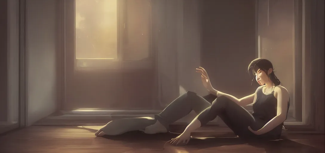 Image similar to Young Himalayan woman sitting concerned in an empty room, night time scene, somber white eyes, long ashy hair, gentle lighting, futuristic, dim lighting, digital art by Makoto Shinkai ilya kuvshinov and Wojtek Fus, digital art, concept art,