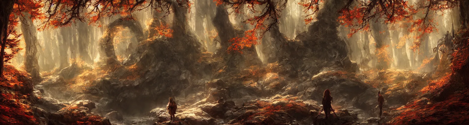 Image similar to cave in autumnal forest, d & d, fantasy, portrait, highly detailed, digital painting, trending on artstation, concept art, sharp focus, illustration, art by artgerm and greg rutkowski and magali villeneuve