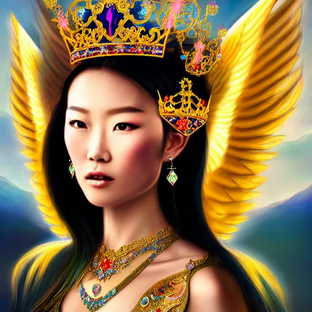 Prompt: beautiful asian mongolian princess goddess with angelic wings in a sensual pose, princess wearing a crown with gemstones, near lake baikal, atmospheric lighting, intricate, volumetric lighting, beautiful, sharp focus, ultra detailed, in the art style of bagshaw tom