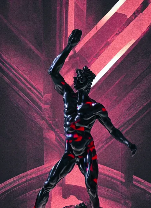 Prompt: dark design poster showing a close up of a heroic greco roman statue, black background with very subtle red and purple design elements, powerful, nekro, vito acconci, thin straight lines, dark, glitch art, neo vaporwave, gritty, layout frame, square, trending on artstation