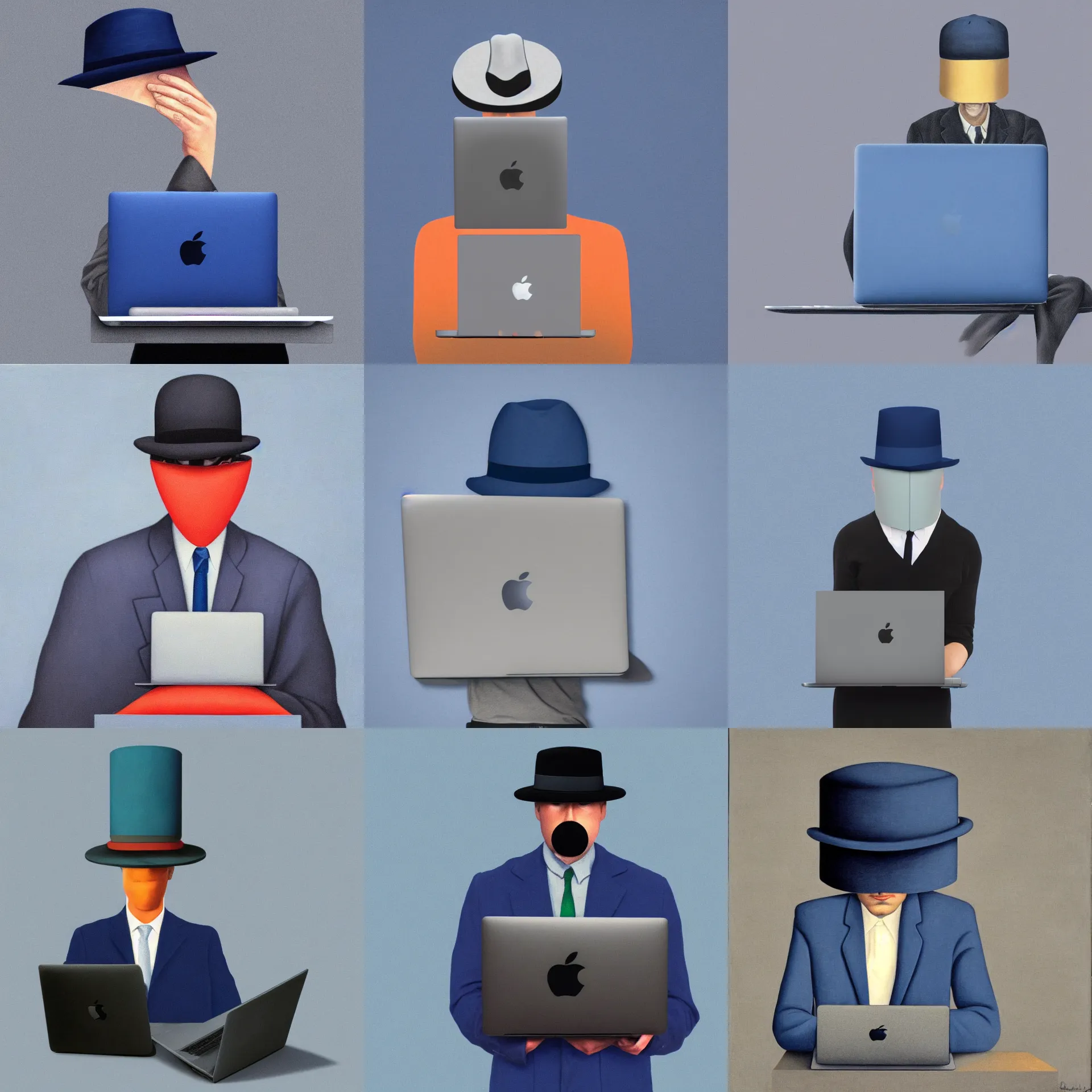 Prompt: front view portrait of a man covering / hiding his face with a macbook laptop, wearing a hat, blue / grey background, painted by rene magritte