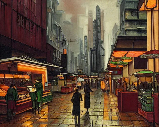 Image similar to street with food stands in a cyberpunk city on a rainy melancholy night by de chirico