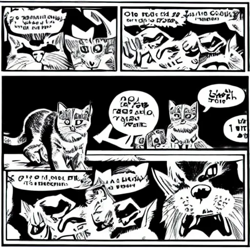 Prompt: super cat fighting dogs, comics style, computer art, high detail