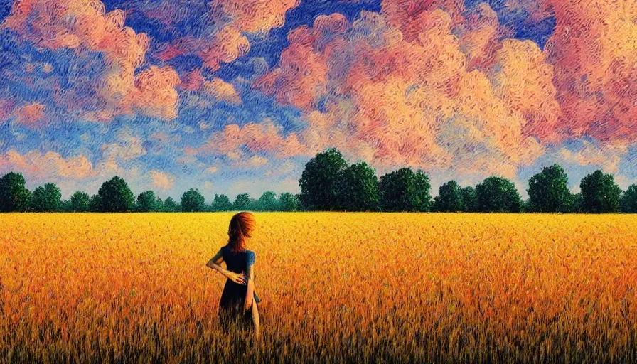 Image similar to girl with flower face in empty wheat field, surreal photography, colorful clouds, tree, impressionist painting, colorful clouds, digital painting, pointillism, sunset, artstation, simon stalenhag