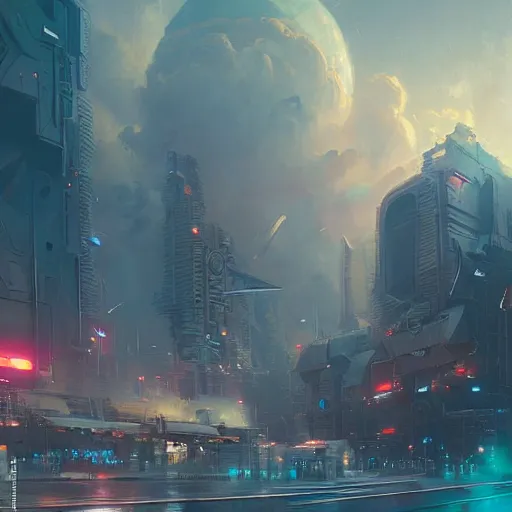 Prompt: scifi concept art of a futuristic city dowtown close - up by greg rutkowski, cumulonimbus clouds, sunset, nostalgic, very very very beautiful art, cinematic lighting, bright pastel color, blue sky