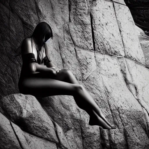 Image similar to Gorgeous primitive woman with her legs crossed, sitting under a ginormous rock, holding her hands out to the camera, in a rainy environment, fisheye lens!!!!!, rainy and wet atmosphere, closeup, dark and grim lighting, trending on artstation, 4k, 8k