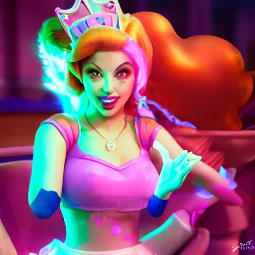 Prompt: Princess peach mixed with jinx from league of legends, background with neon lighting, raytrayced, octane render, smoke at the bottom, hyperrealist, by Joe Benitez, WLOP, Alessandro Barbucci, Barbara Canepa