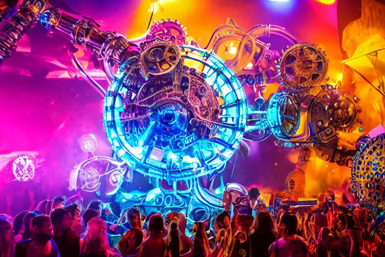 Image similar to scene is elrow party in privilege in ibiza, portrait photo of a giant huge golden and blue metal steampunk robot, with gears and tubes, eyes are glowing red lightbulbs, shiny crisp finish, 3 d render, 8 k, insaneley detailed, fluorescent colors, haluzinogetic, background is multicolored lasershow