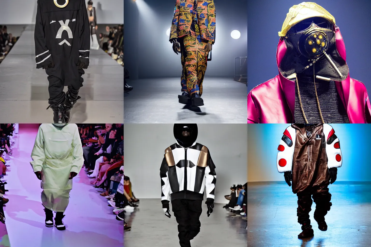 Prompt: musical artist mf doom wearing martin margiela high fashion clothes on runway, fashion photoshoot, 4 k