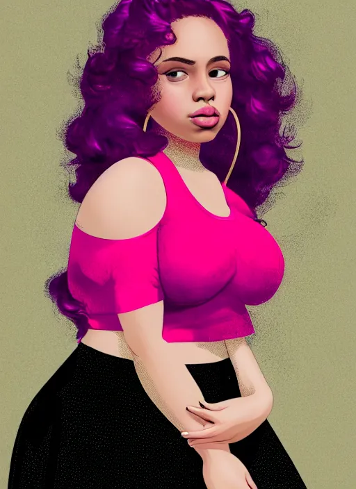 Image similar to full body portrait, teenage vanessa morgan, pink hair, obese, curly pixie hair, sultry, realistic, short hair, hoop earrings, skirt, shirt, fat, belly, black girl, intricate, elegant, highly detailed, digital painting, artstation, concept art, smooth, sharp focus, illustration, art by wlop, mars ravelo and greg rutkowski