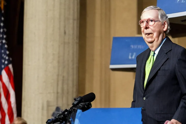 Prompt: mitch mcconnell in turtle costume, hiding behind a podium, photos by associated press