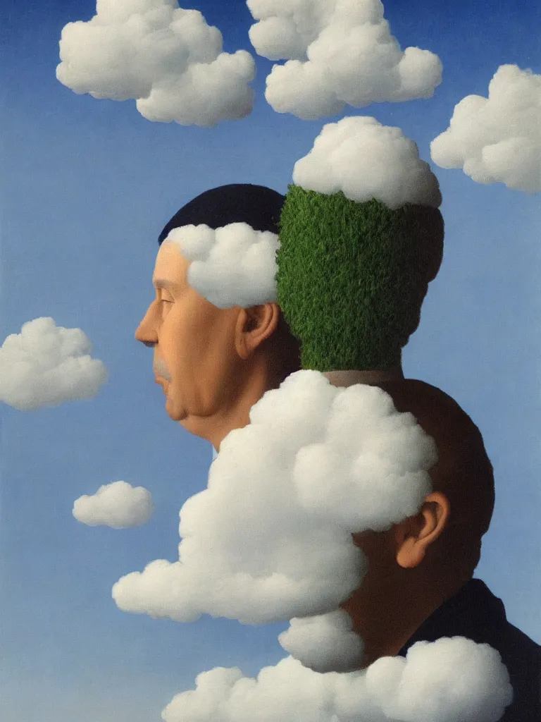 Prompt: portrwit of man with cloud instead of his head by rene magritte, detailed painting, hd, hq, high resolution, high detail, 4 k, 8 k