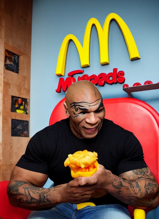 Image similar to Mike Tyson eating a happy meal in the McDonalds play place, photograph, high quality, detailed, sharp