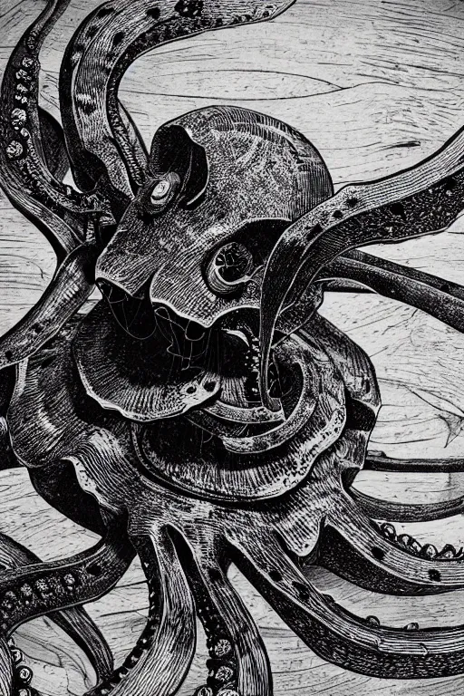 Image similar to a beautiful wood engraving on paper of a defensive octopus, 8 k, frostbite 3 engine, cryengine, dof, trending on artstation, digital art, crepuscular ray