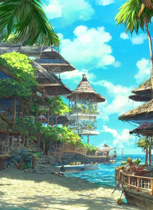 Image similar to Fantasy tropical port town view from the beach. hidari, color page, tankoban, 4K, tone mapping, Akihiko Yoshida.