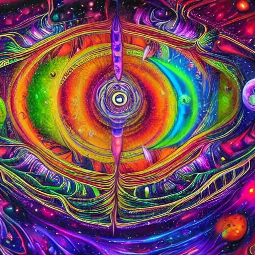 Prompt: a very high hyperdetailed painting of 👽💻🌌 psychedelic spiritual art