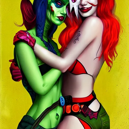 Image similar to harley quinn and poison ivy romance, hyper detailed masterpiece, digital art painting, surrealisme aesthetic,
