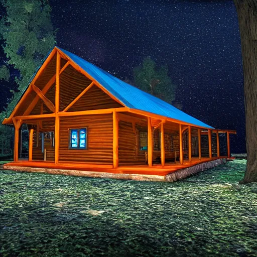 Image similar to a ultra realistic blue lightning arc over a cabin in the wood, by night. complex, highly detailed, unreal engine 5, 8 k render