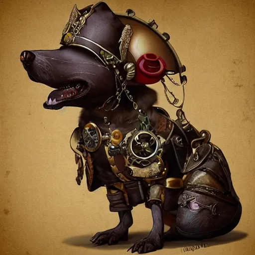 Image similar to poddle dog dressed with inspirations from steampunk style, high detailed, digital art, trending on artstation, devianart, cgsociety