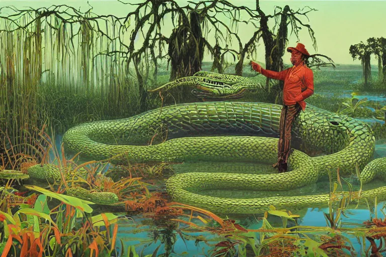 Prompt: Snake oil salesman searching the swamps of Formosa for the elusive water snake, painting by Roger Dean, painting by Naomi Okubo
