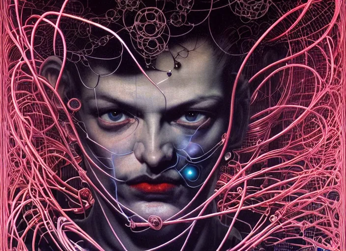Prompt: dark android hacker, a lot of flowers and wires on body, by francis bacon, by ayami kojima, by amano, by karol bak, greg hildebrandt, by mark brooks, by alex grey, by zdzisław beksinski, by takato yamamoto, radiant colors, ultra detailed, high resolution, wrapped thermal background