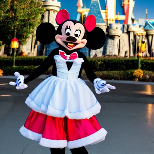 Image similar to transgender mickey mouse costumed character at disneyland, highly detailed, very high resolution, ultra realistic